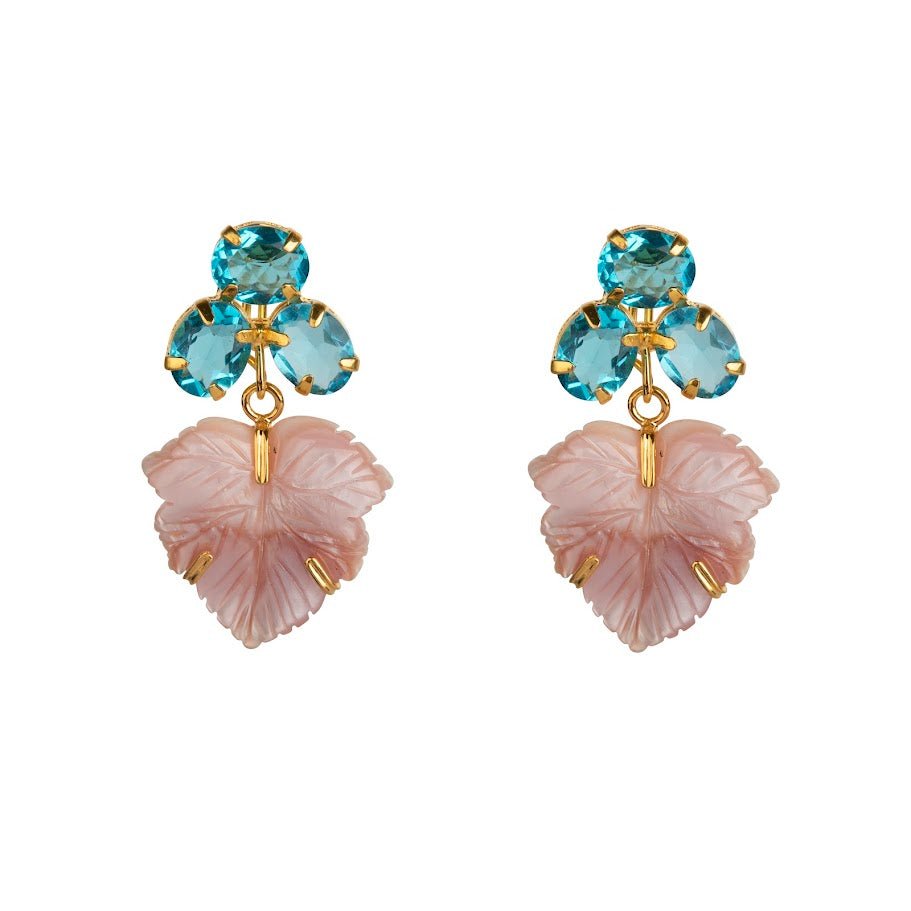 EARRINGS CLUSTER OF THREE OVAL BLUE QUARTZ WITH PINK MOTHER OF PEARL LEAF DROP - C'SANTOS