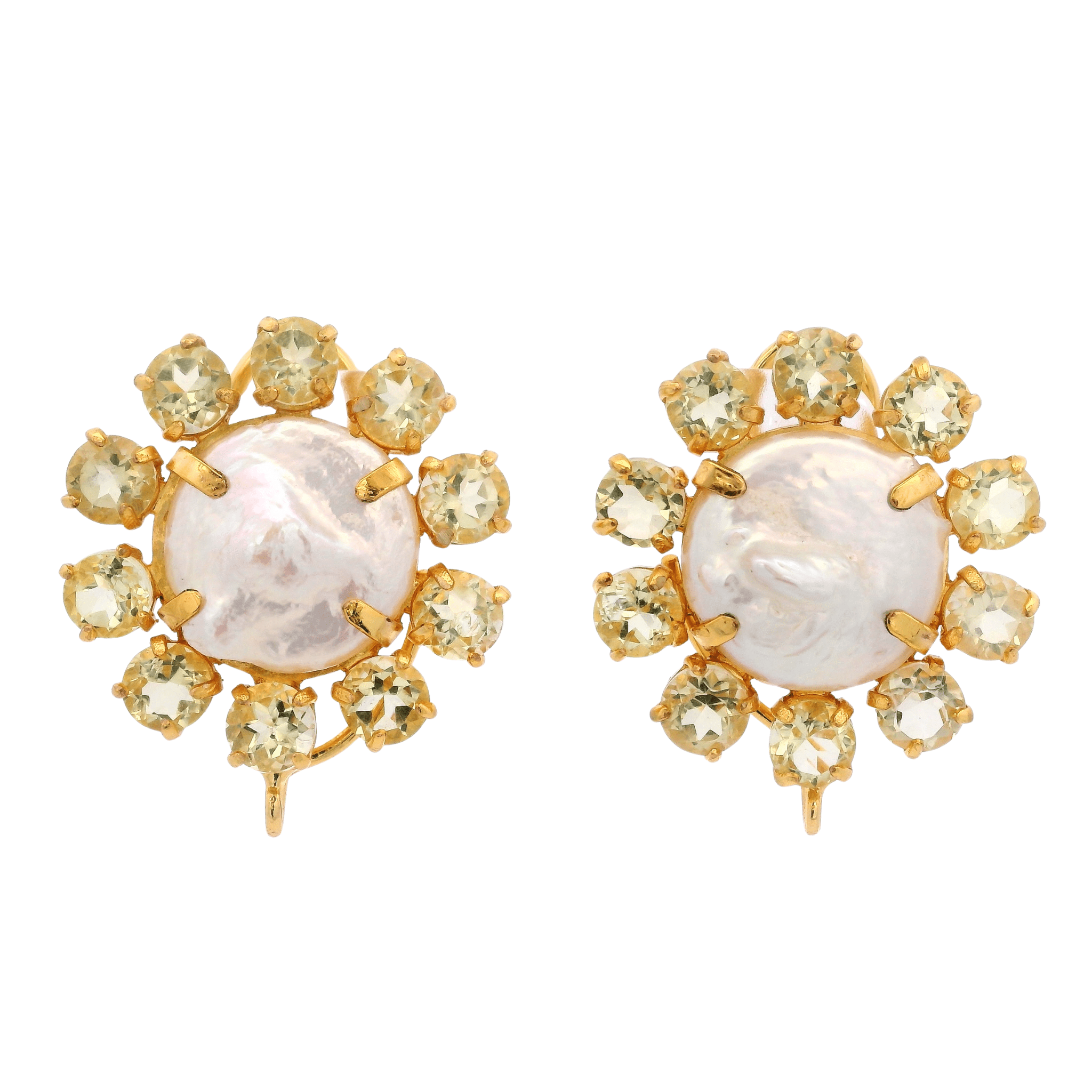EARRINGS FLOWER SHAPE 15 MM ROUND PEARL SURROUNDED WITH FACETED ROUND LEMON QUARTZ - C'SANTOS