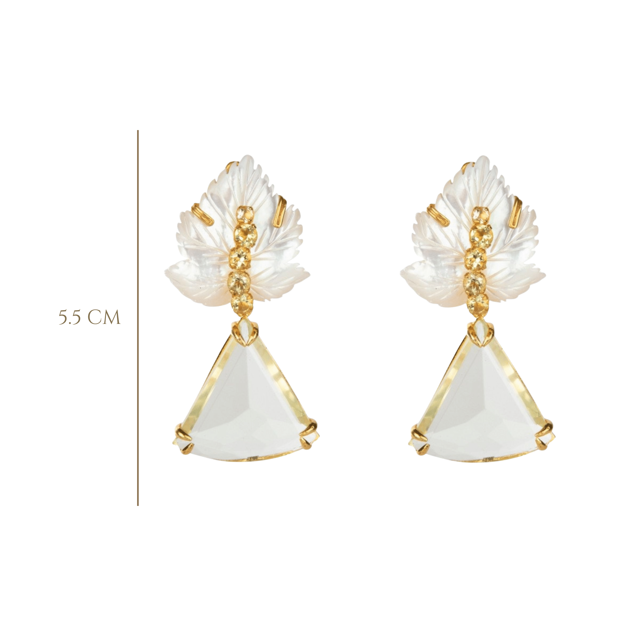 EARRINGS MOTHER OF PEARL LEAF WITH LEMON QUARTZ CENTER AND TRLLION DROP - C'SANTOS