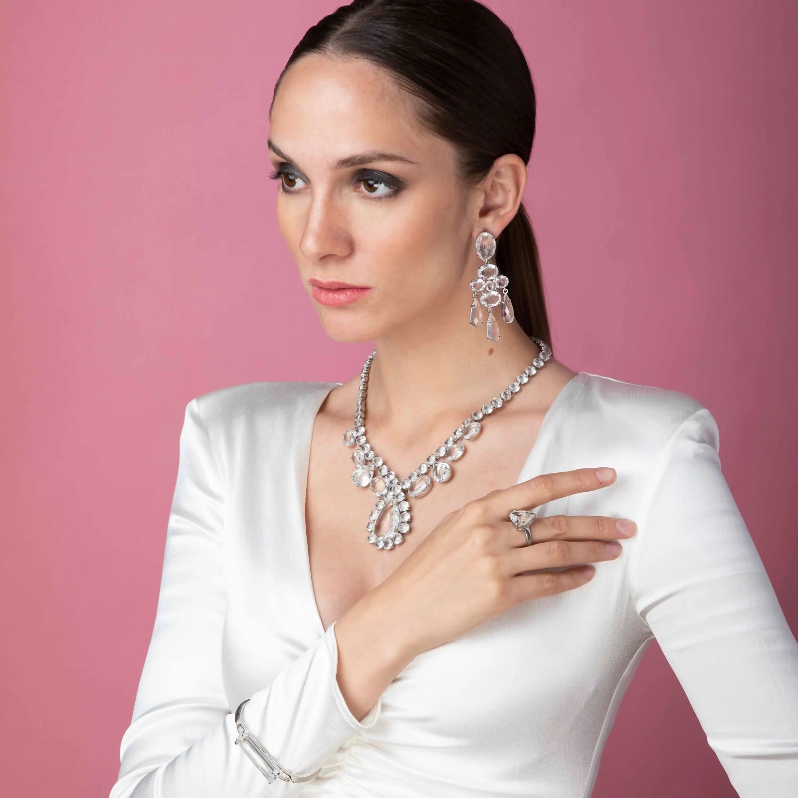 EARRINGS OVAL TOP WITH CLUSTER OF OVALS AND THREE DROPS X ALL CLEAR QUARTZ - C'SANTOS