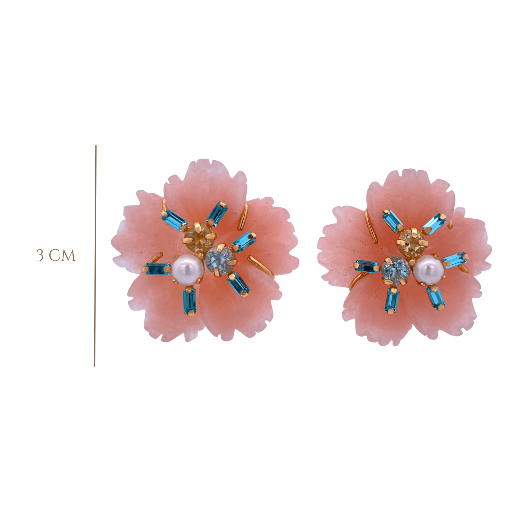 EARRINGS PEACH QUARTZ CARVED FLOWER SET WITH PEARL LEMON QUART AND BLUE TOPAZ WITH CZ BAGUETTES - C'SANTOS