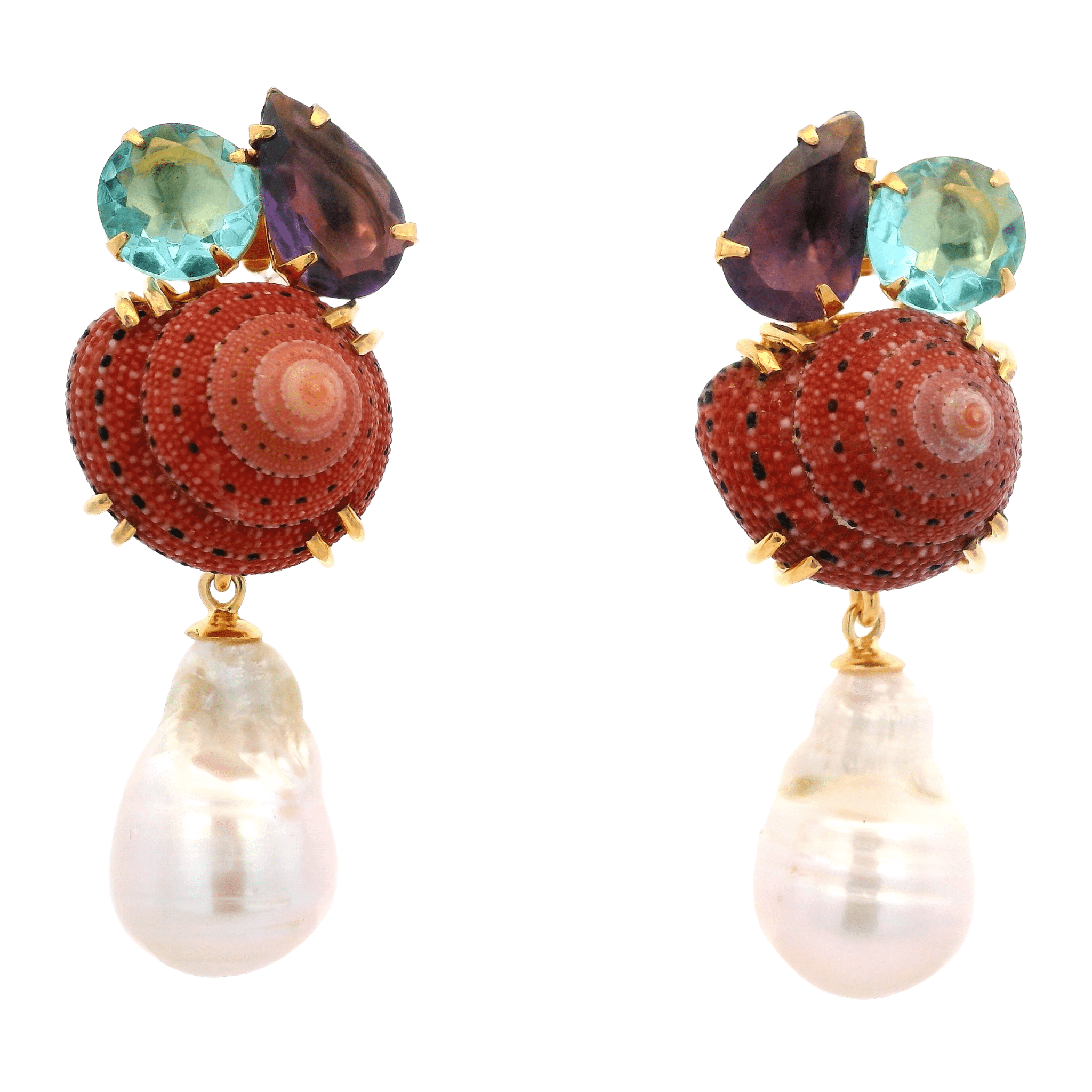 EARRINGS RED SHELL MOONSTONE AND BLUE QUARTZ CLUSTER WITH BAROQUE PEARL DROP - C'SANTOS