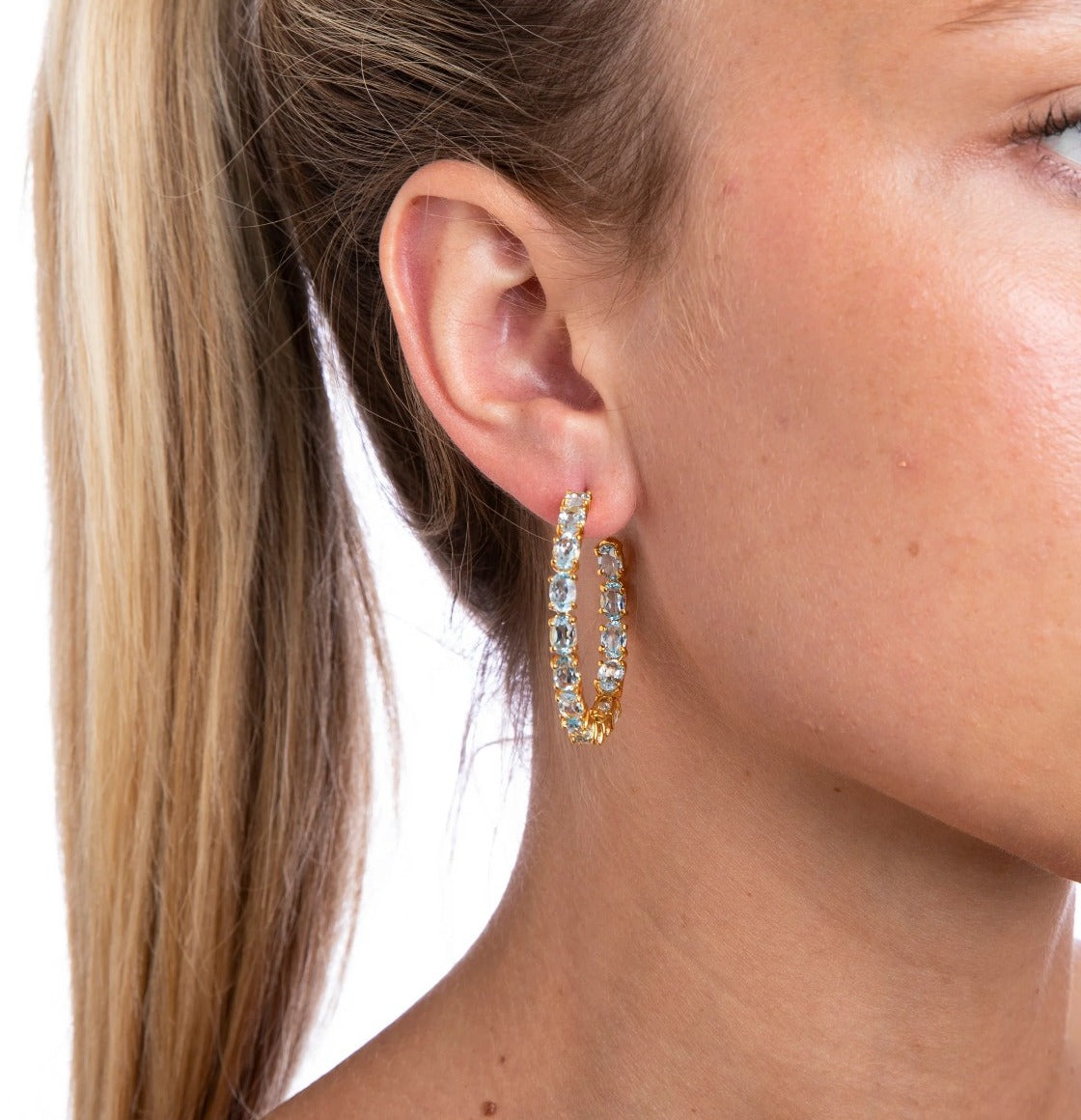 HOOP EARRINGS SET WITH 6X4 OVAL BLUE TOPAZ GOLD PLATED