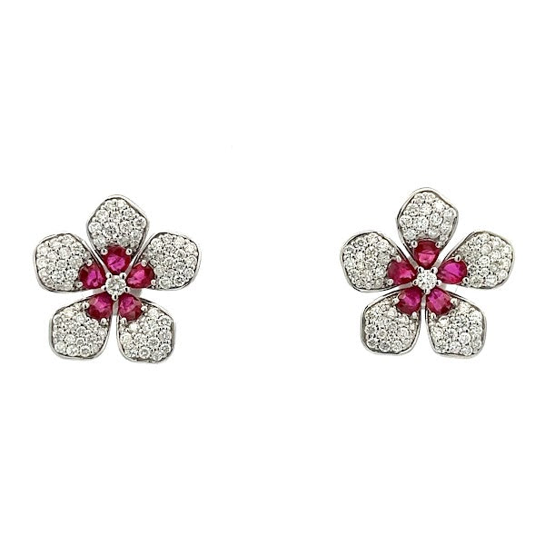18K WHITE GOLD FLOWER EARRINGS WITH DIAMONDS AND RUBY