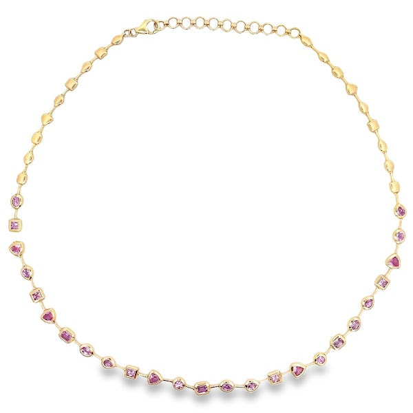 COLLAR DE TENIS DE ZAFIRO ROSA MULTICORTE EN MONTURA DE ORO AMARILLO DE 14 K