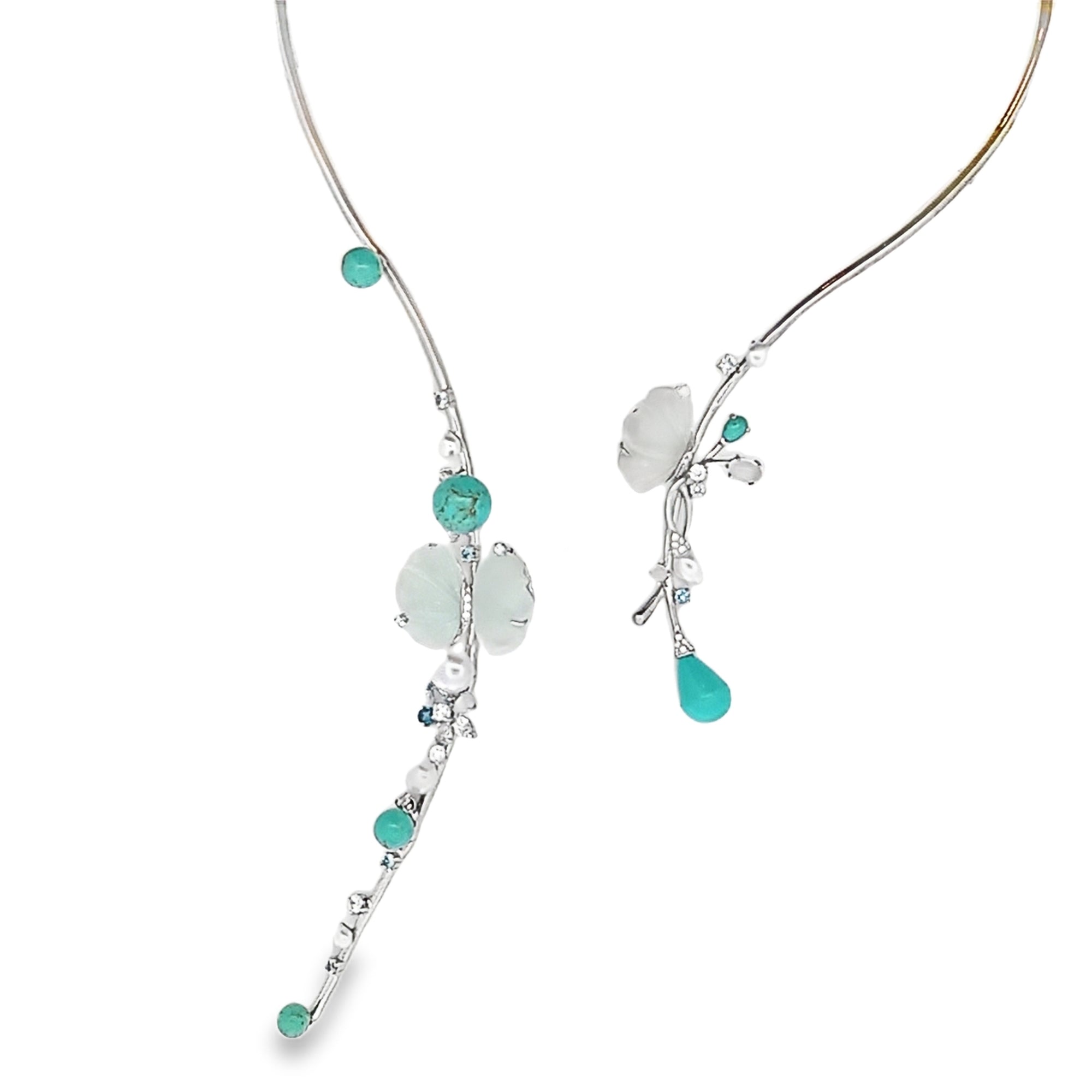 NECKLACE SILVER CENTER BLUE QUARTZ & MOONSTONE BLUE TURQUOISE WHITE WHITE PEARL - C'SANTOS