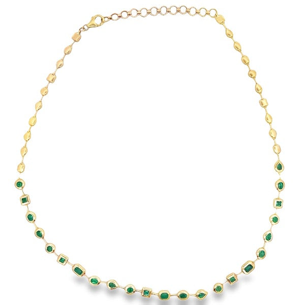 MULTI-CUT EMERALD TENNIS NECKLACE SET IN 14K YELLOW GOLD