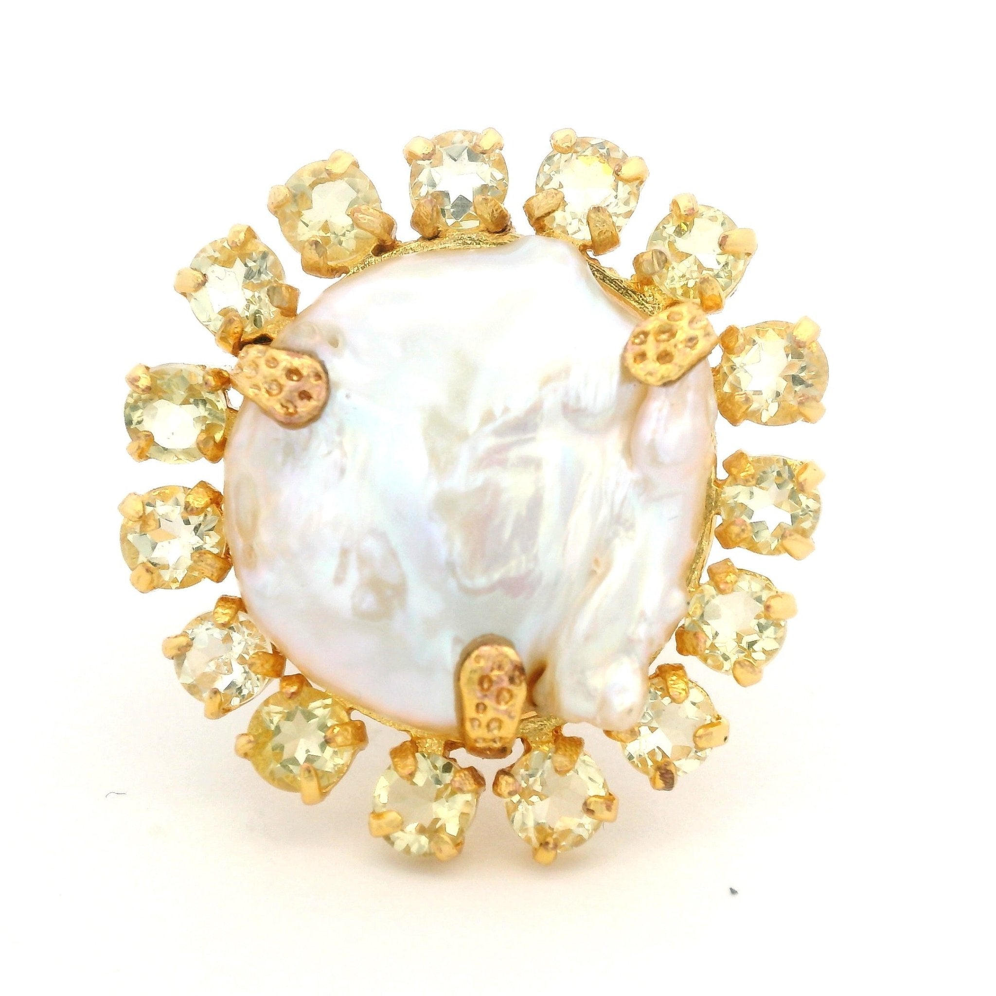 RING 15 MM ROUND COIN PEARL SURROUNDED WITH ROUND LEMON QUARTZ - C'SANTOS