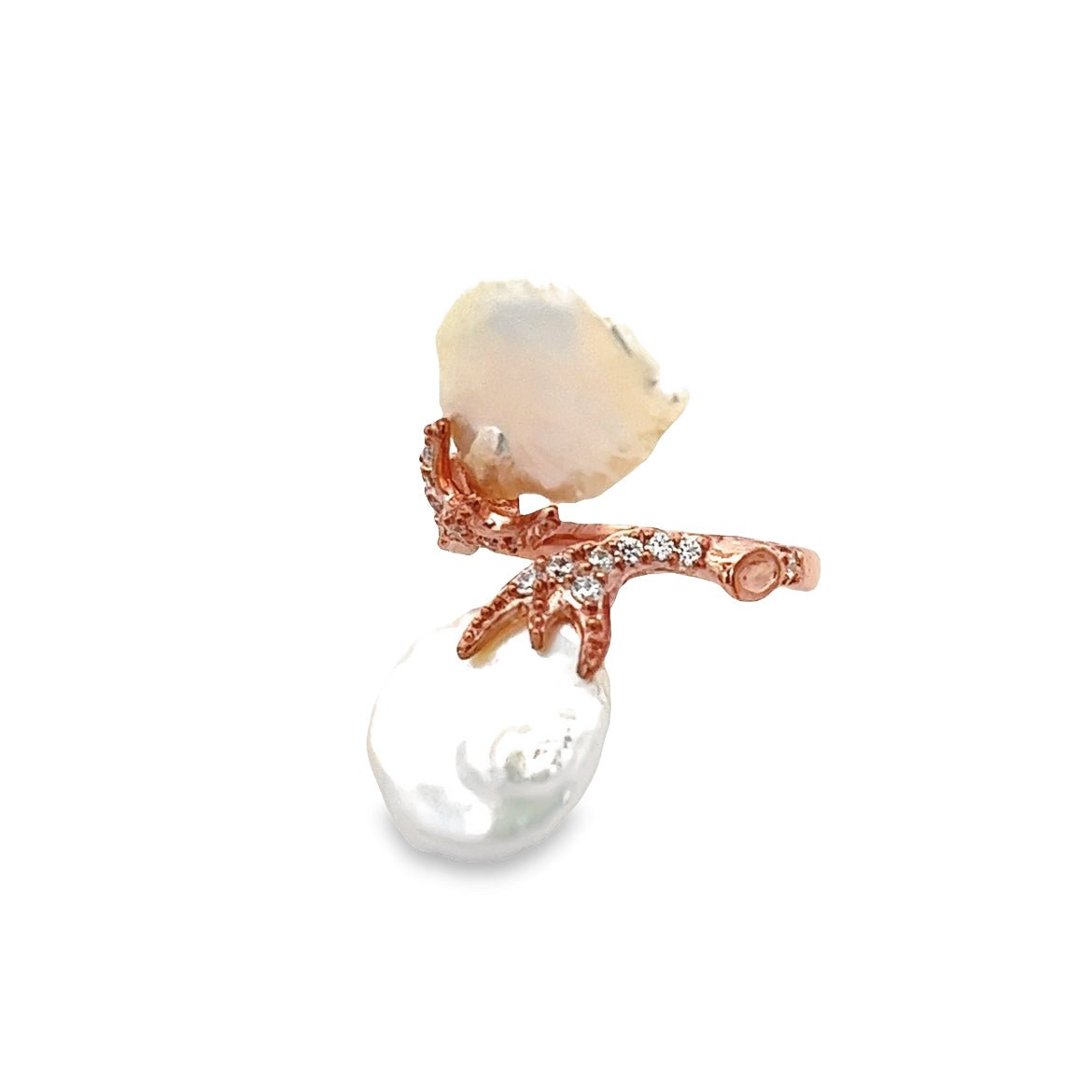 RING SILVER CENTER WHITE CZ FRESH WATER WHITE PEARL PP - C'SANTOS