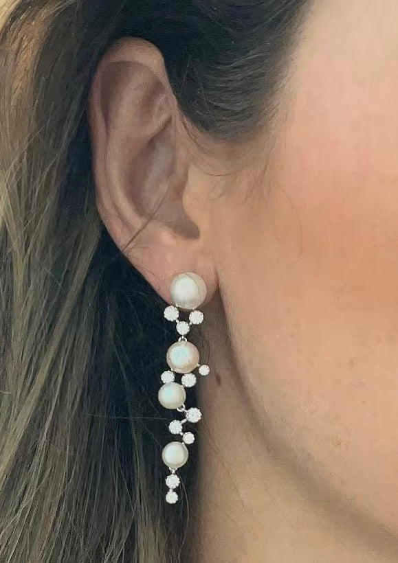 925SL DROP FOUR PEARL WITH CZ EARRINGS
