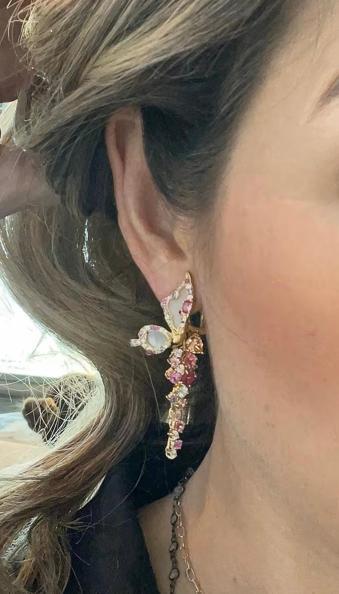 925YG HALF BUTTERFLY WITH DROP PINK EARRINGS