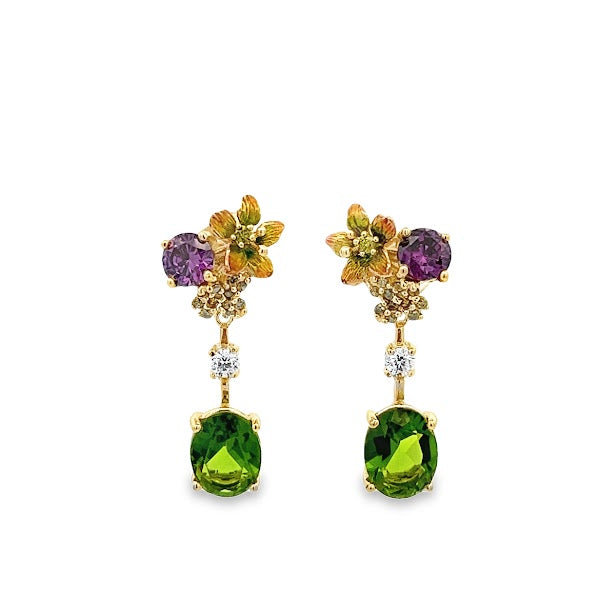 925 SILVER GOLD PLATED WITH PERIDOT AND AMETHYST CRYSTALS EARRINGS