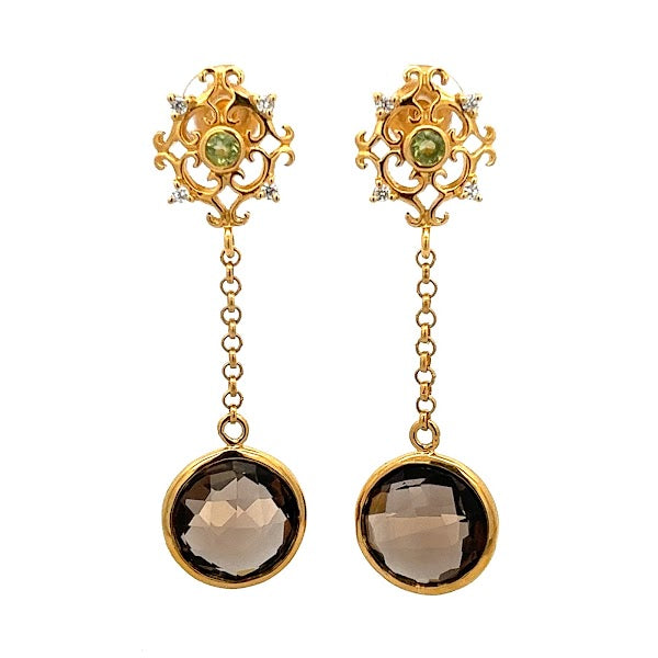 925 GOLD PLATED SMOKY QUARTZ WITH PERIDOT LONG EARRINGS