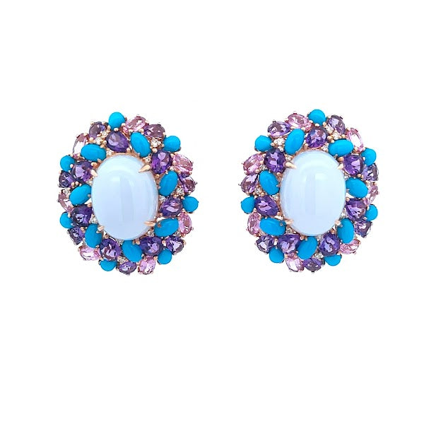 18K ROSE GOLD WITH CHALCEDONY AMETHYST TURQUOISE PINK SAPPHIRE AND DIAMONDS EARRINGS