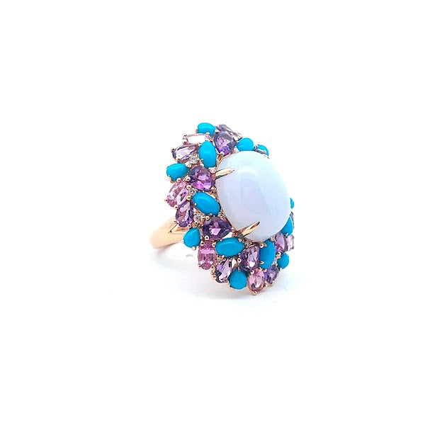 18K ROSE GOLD WITH CHALCEDONY AMETHYST TURQUOISE PINK SAPPHIRE AND DIAMONDS RING
