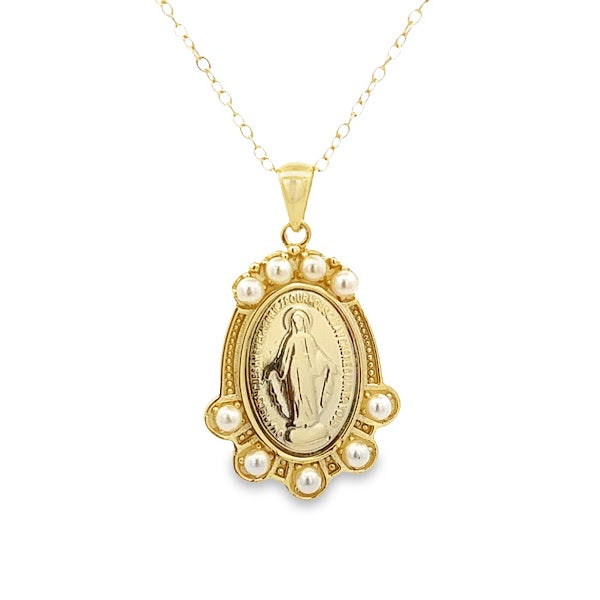 925 GOLD PLATED MIRACULOUS VIRGIN PENDANT WITH PEARL  CRYSTALS