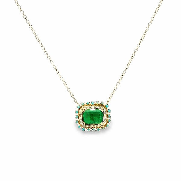 14K GOLD EMERALD, WITH HALO TURQUOISE AND DIAMOND NECKLACE