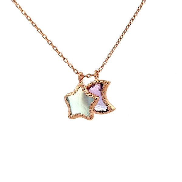 925 ROSE GOLD PLATED AQUA CHALCEDONY AND AMETHYST CUT STAR MOON  NECKLACE