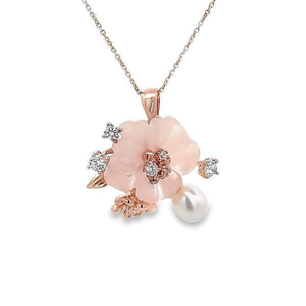 925 ROSE GOLD CRYSTALS FLOWER AND PEARL PENDANT