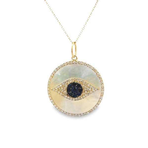 14K GOLD EVIL EYE CHARM WITH BLUE SAPPHIRE AND MOTHER OF PEARL