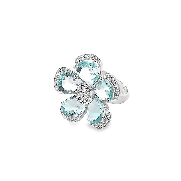 925 SILVER PLATED TOPAZ BLUE CRYSTALS FLOWER RING