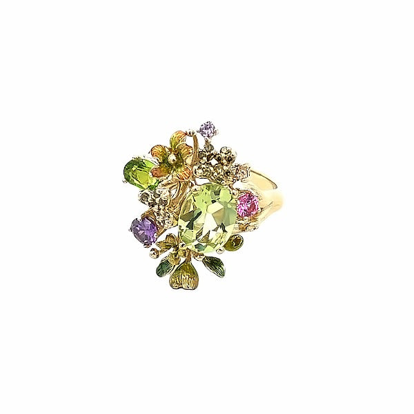 925 SILVER GOLD PLATED WITH PERIDOT AND AMETHYST CRYSTALS RING