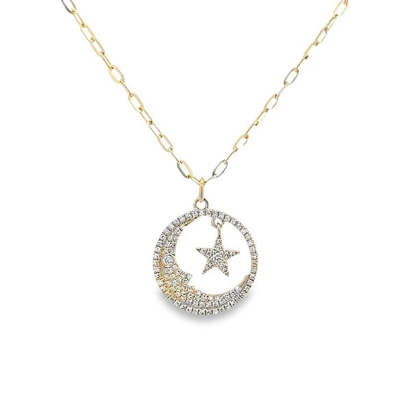 14K GOLD NECKLACE STAR AND MOON FACE WITH DIAMOND