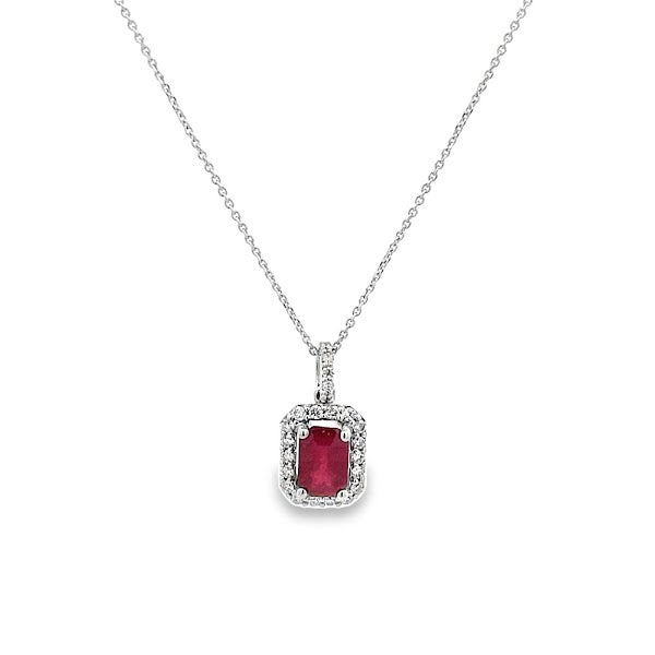 14K WHITE GOLD DIAMOND HALO NECKLACE  WITH RUBY CENTER