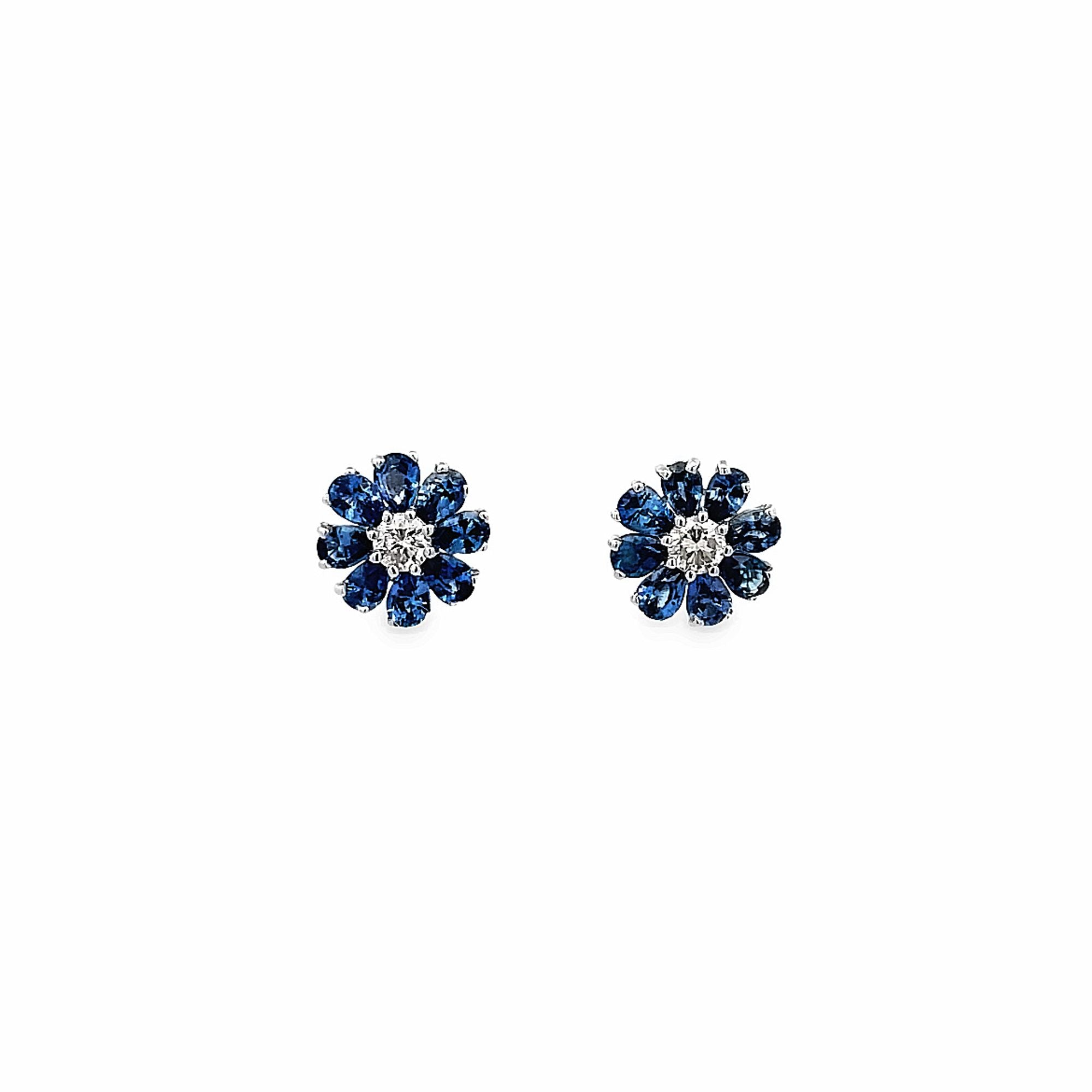 18K WHITE GOLD FLOWER PEAR CUT EARRINGS WITH BLUE SAPPHIRE