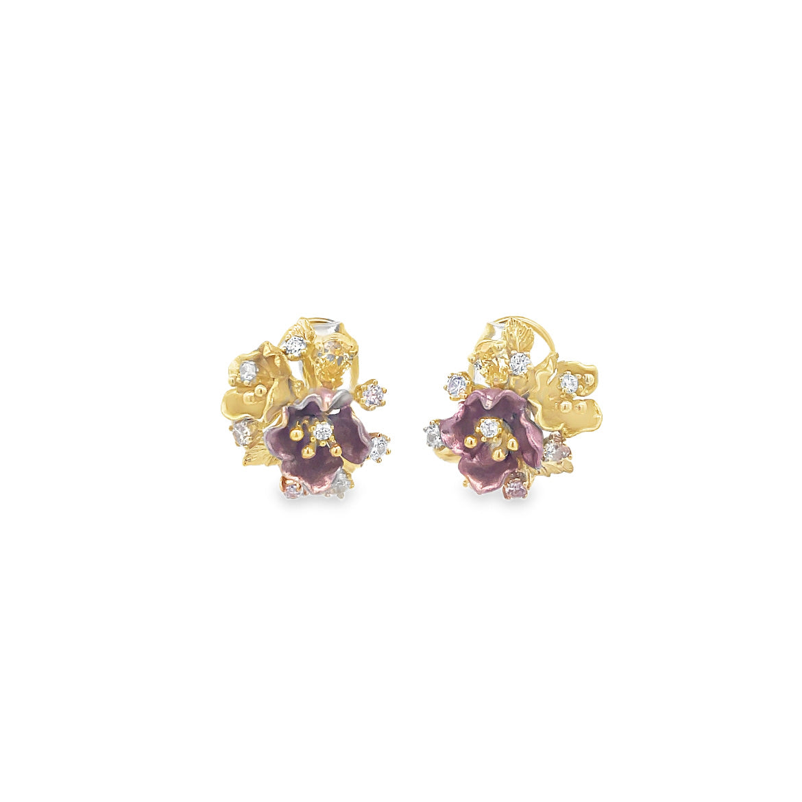 FLOWER EARRINGS WITH ENAMEL PINK AND CRYSTALS SET IN 925 GOLD PLATED