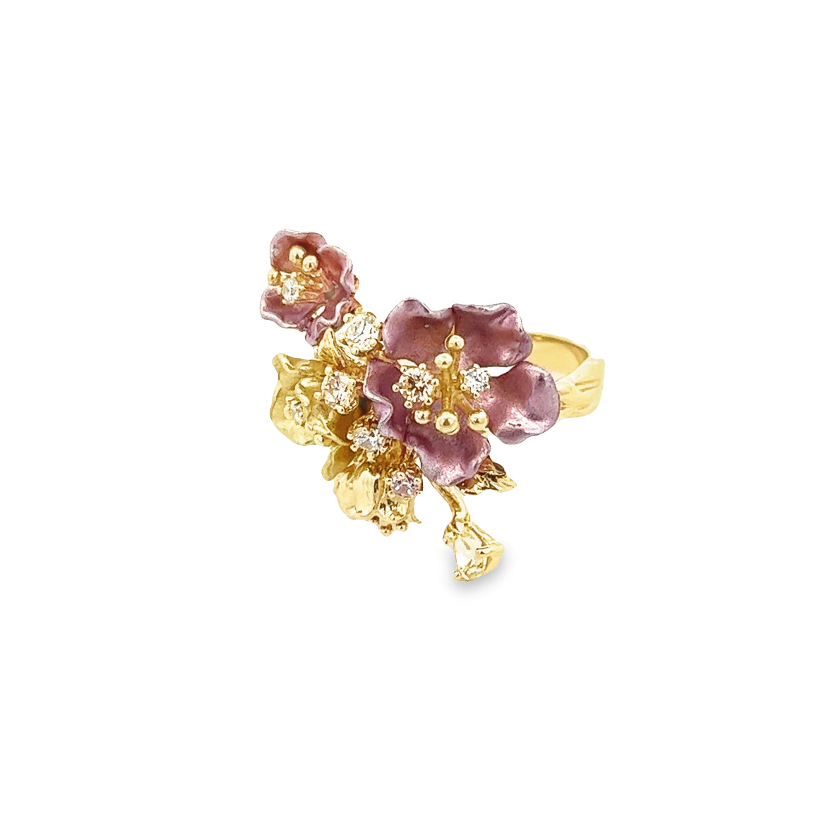 FLOWER RING WITH ENAMEL PINK AND CRYSTALS SET IN 925 GOLD PLATED