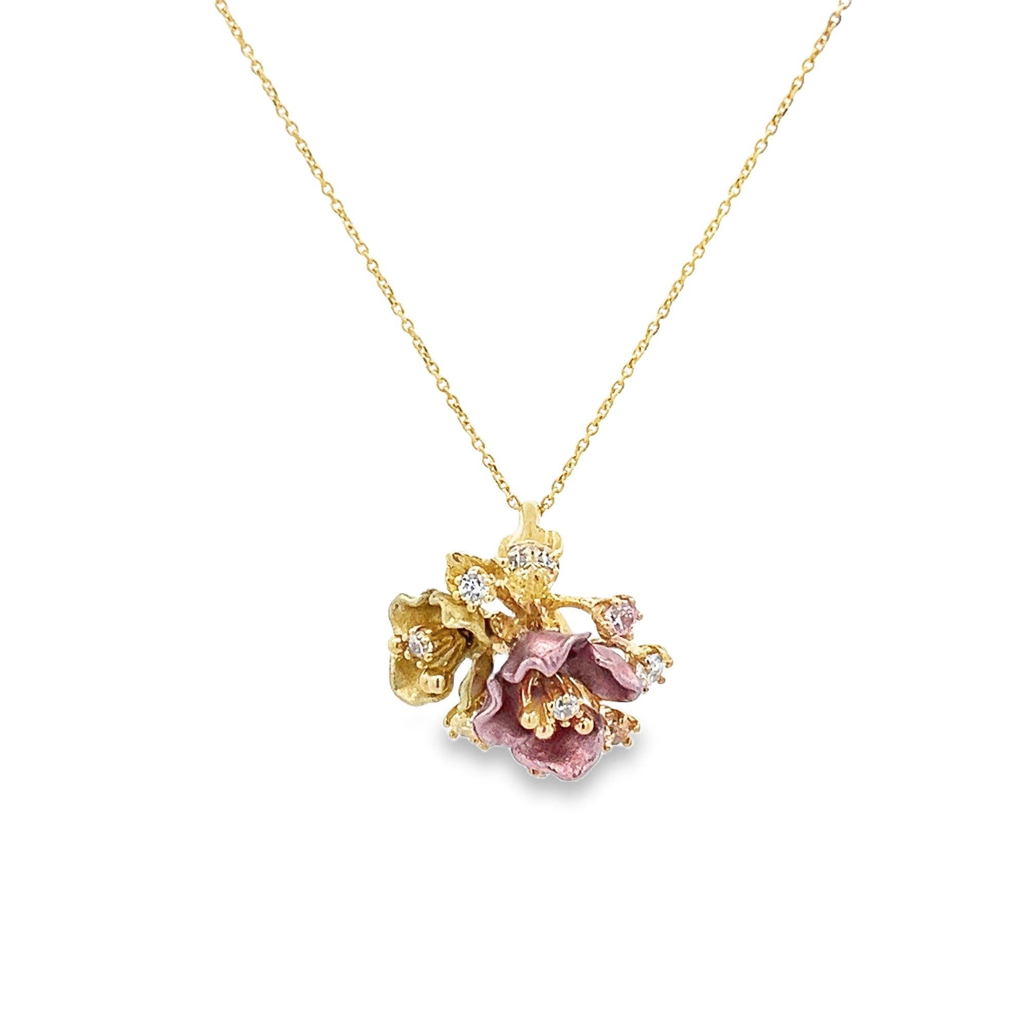 FLOWER PENDANT WITH ENAMEL PINK AND CRYSTALS SET IN 925 GOLD PLATED