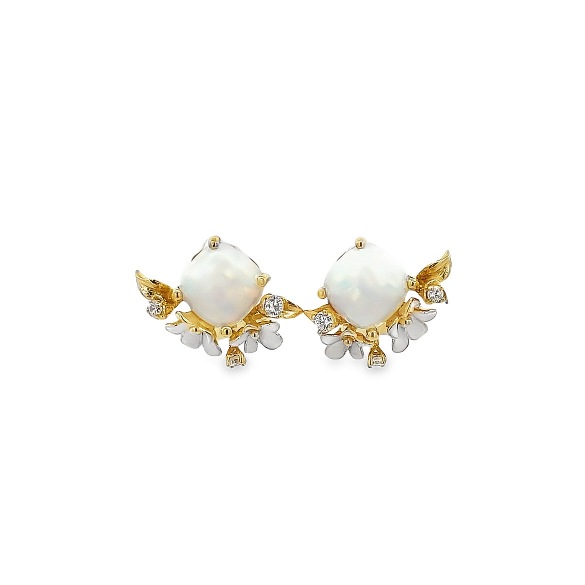 OPAL EARRING WITHN EMANEL  WHITE FLOWERS SET IN GOLD PLATED