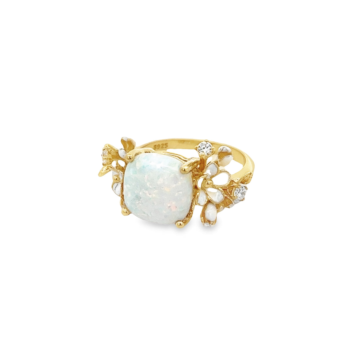 OPAL RING WITHN EMANEL WHITE FLOWERS SET IN GOLD PLATED