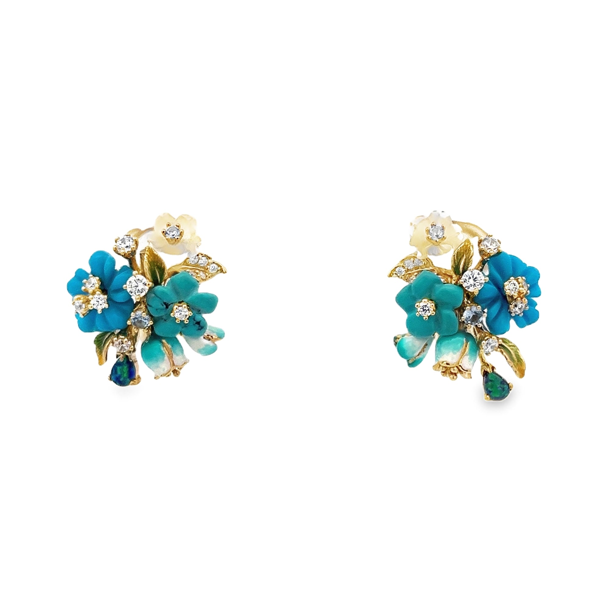 FLOWERS EARRINGS WITH ENAMEL BLUE AND CRYSTALS SET IN GOLD PLATED