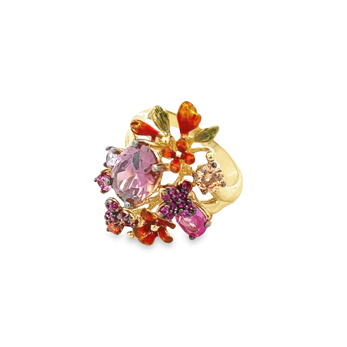 PURPLE CRYSTALS AND FLOWERS RING SET IN 925 GOLD PLATED