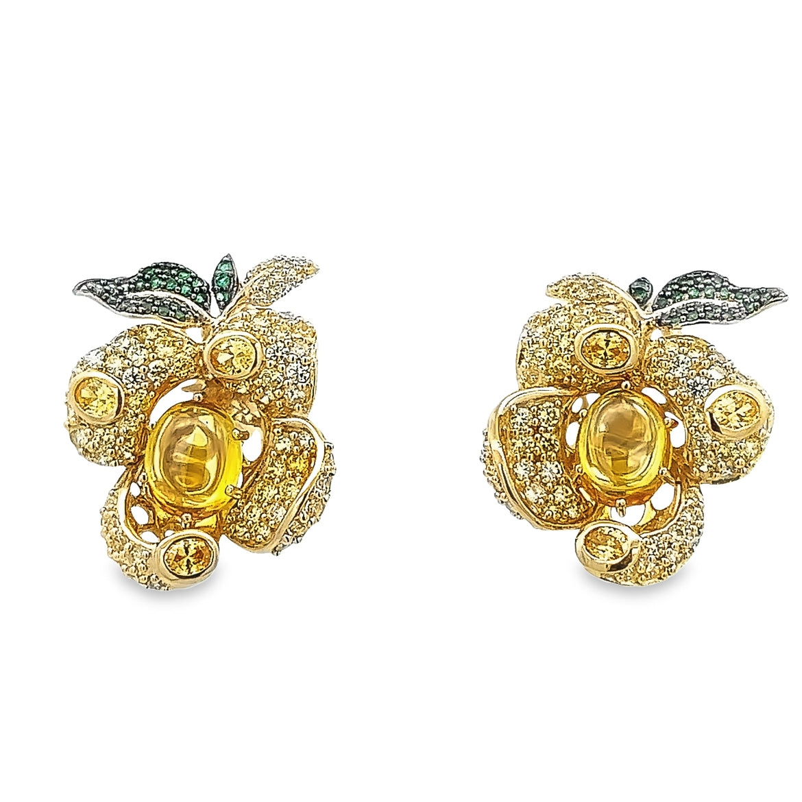 FLOWERS EARRINGS WITH YELLOW AND GREEN CRYSTALS SET IN GOLD PLATED