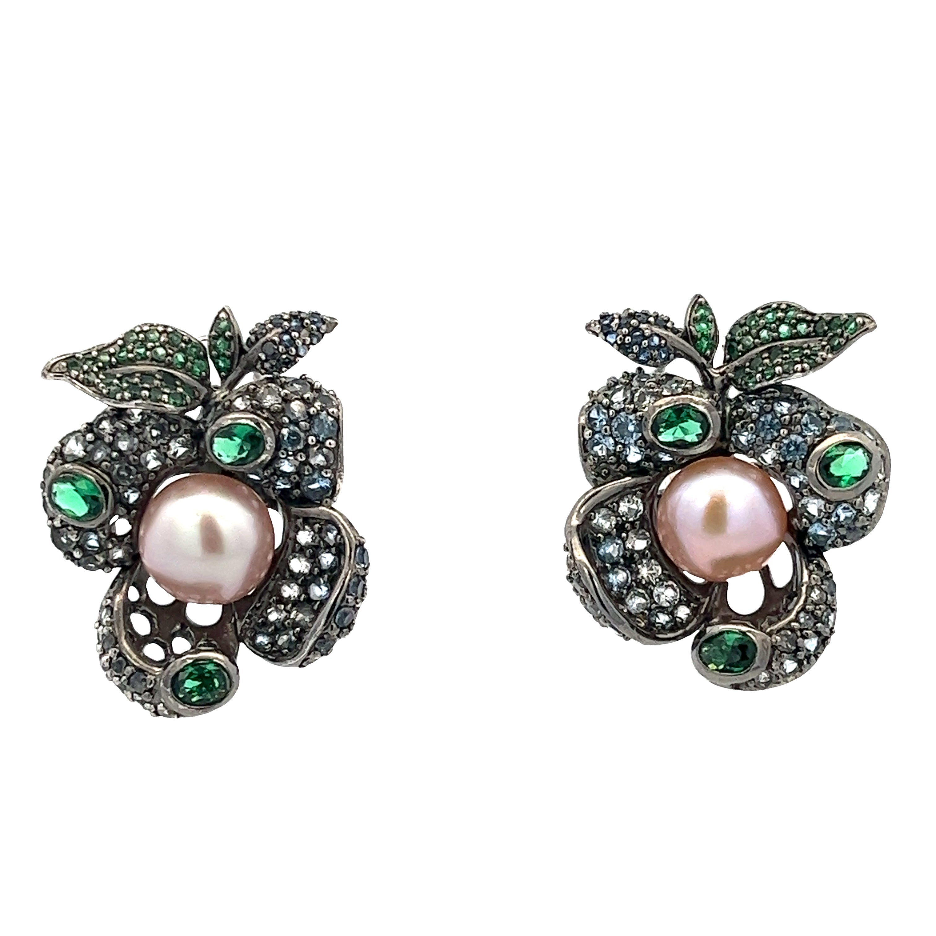 FLOWER EARRINGS WITH GREEN CRYSTALS AND PEARL IN 925 SILVER PLATED