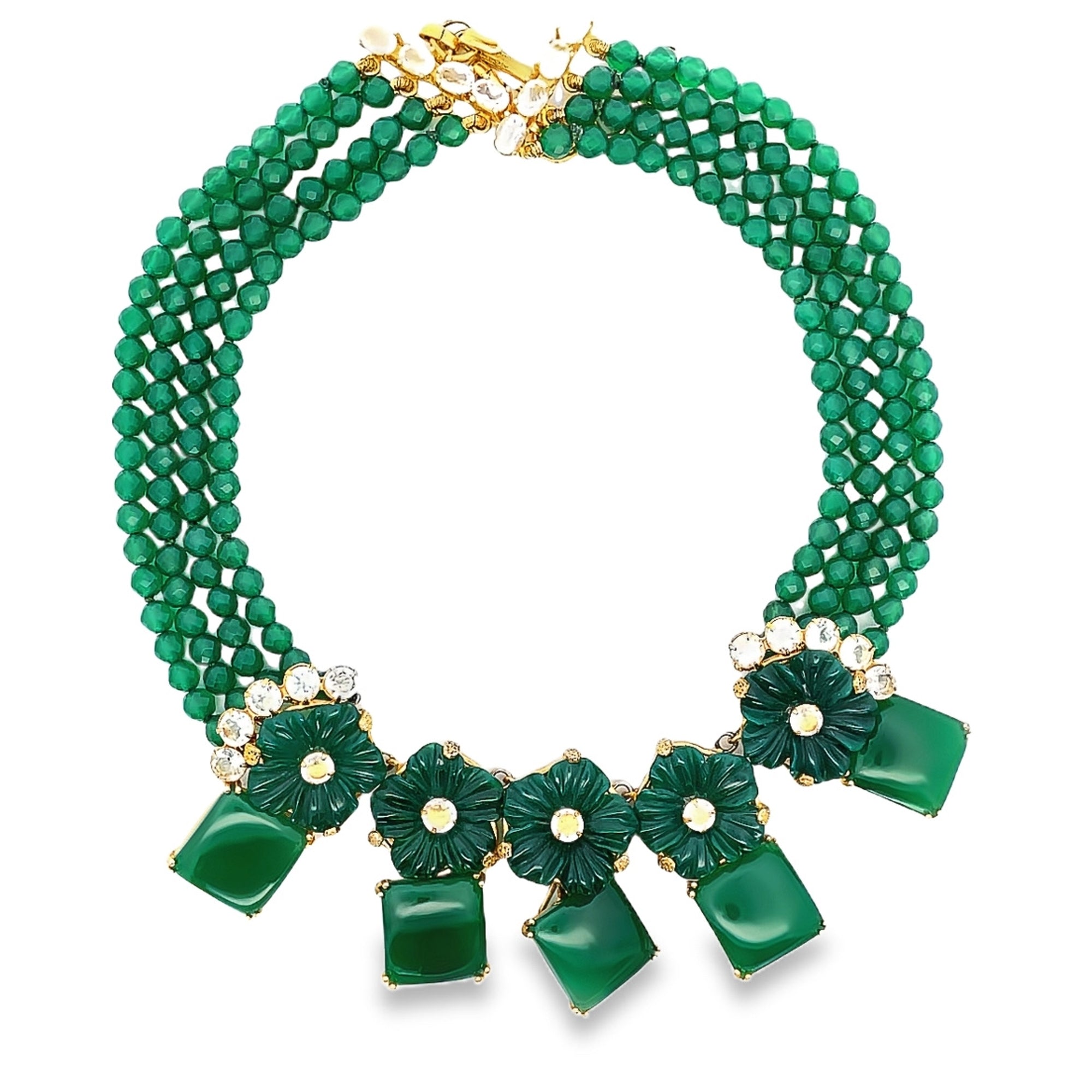 NECKLACE SET WITH GREEN ONYX CLEAT QUARTZ AND GREEN AGATE FLOWER
