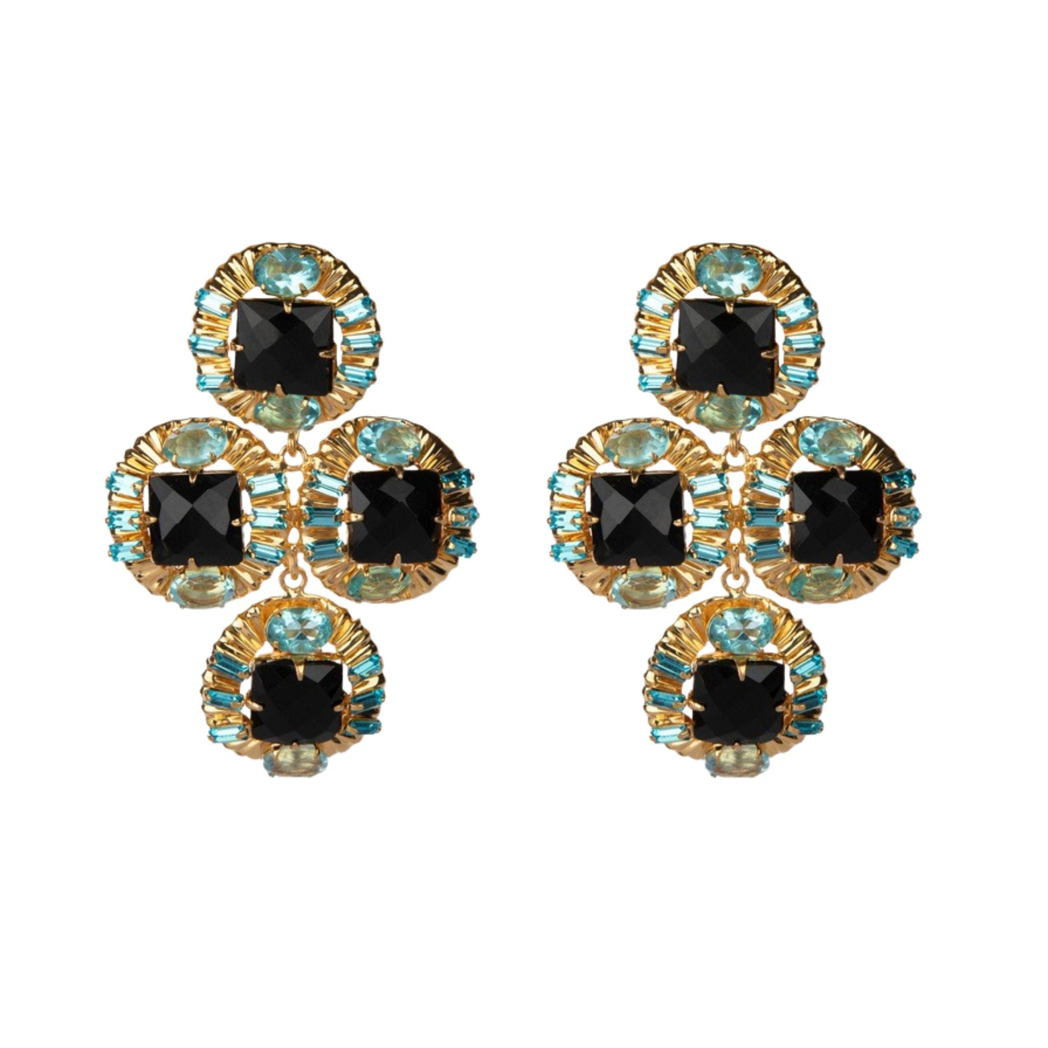 EARRINGS FANCY OVAL METAL SET WITH SQUARE BLACK ONYX AND BLUE CZ BAGUETTES