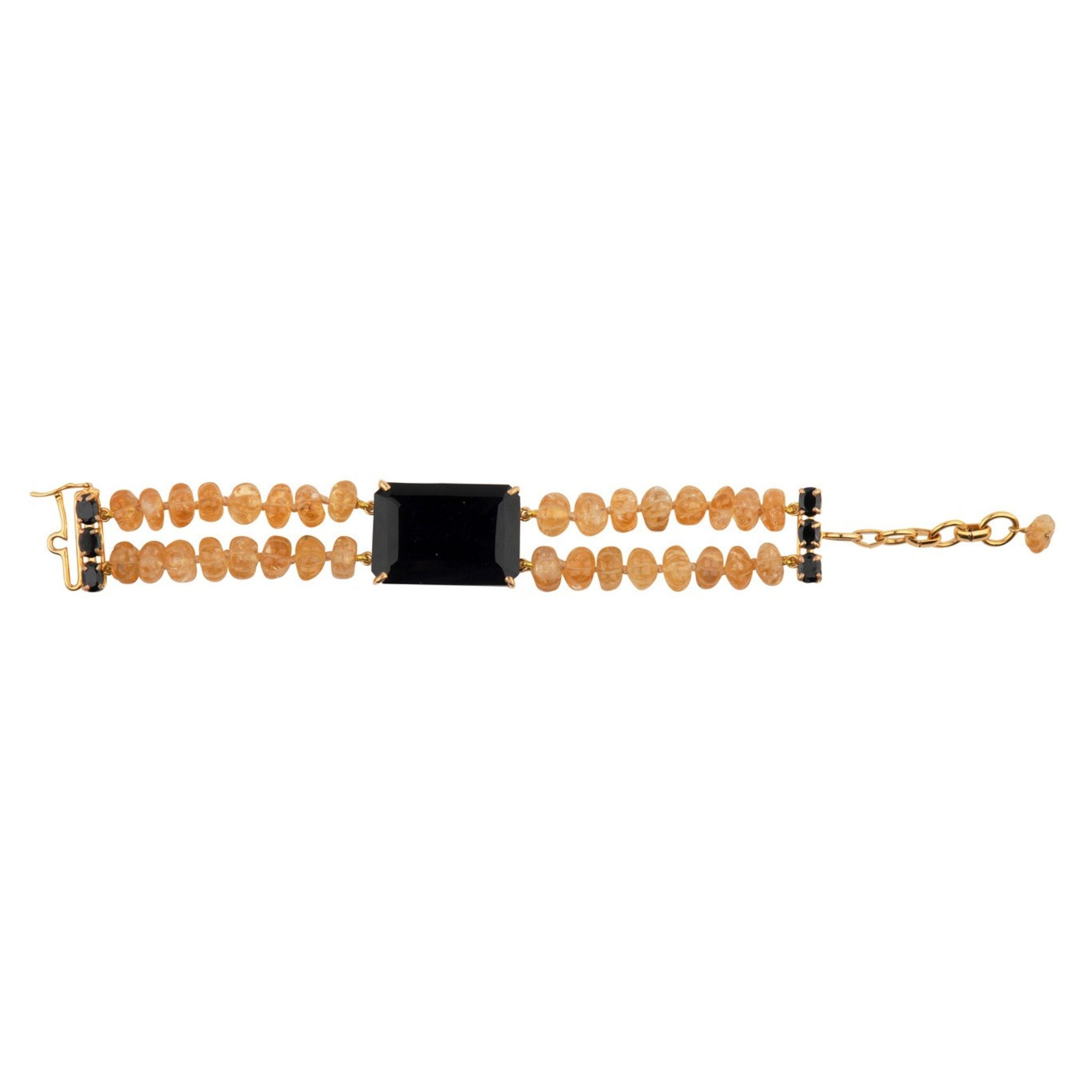 BRACELET EMERALD CUT 33X23 BLACK ONYX CENTER WITH TWO STRANDS OF CARVED CITRINE MELONS ON THE SIDES