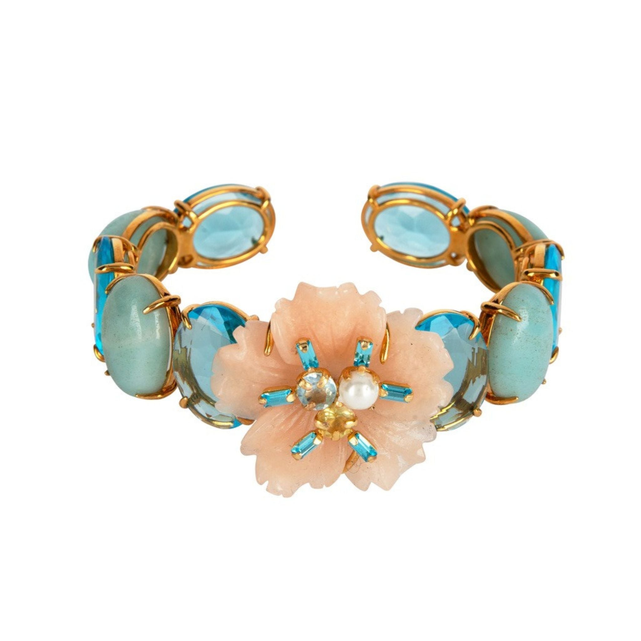CUFF HINGED SET WITH PEACH QUARTZ FLOWER PEARL BLUE TOPAZ CENTER OVAL AMAZONITE AND BLUE QUARTZ SIDE
