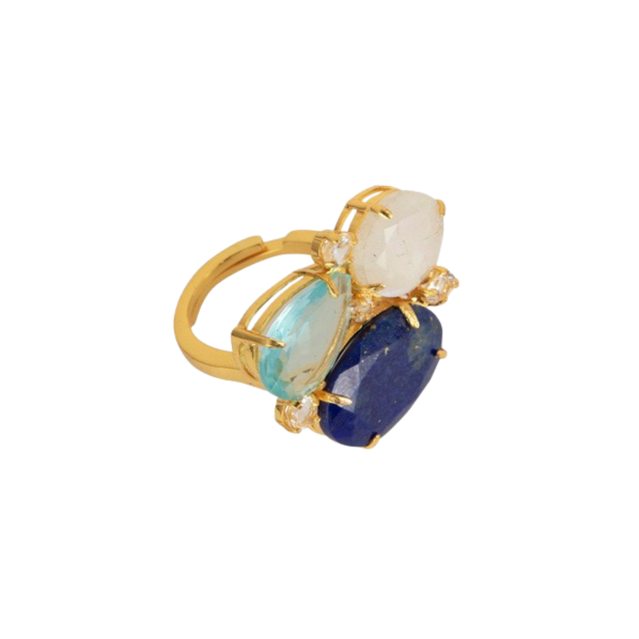 RING CLUSTER MULTI SHAPES OF MOONSTONE BLUE QUARTZ AND LAPIS