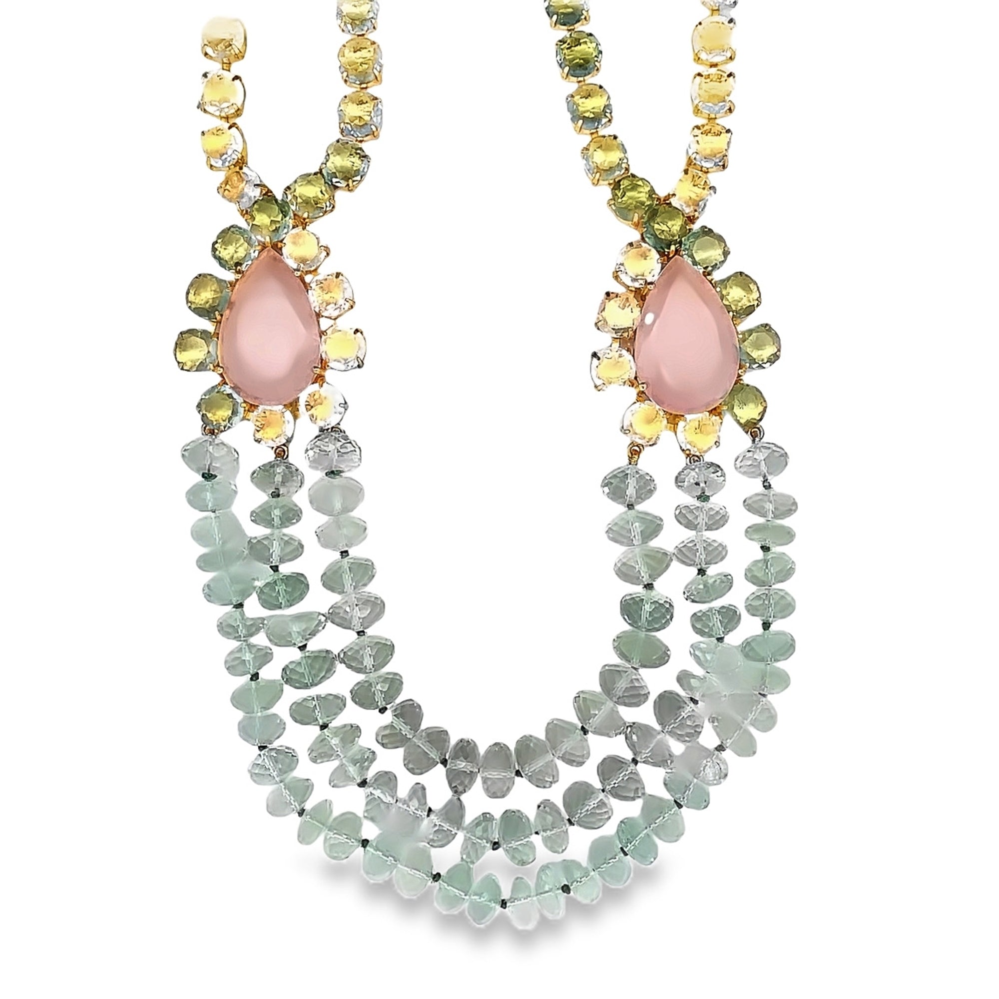 NECKLACE SET WITH ROSE QUARTZ GREEN AMETHYST CLEAR QUARTZ AND GREEN AMETHYST STRANDS