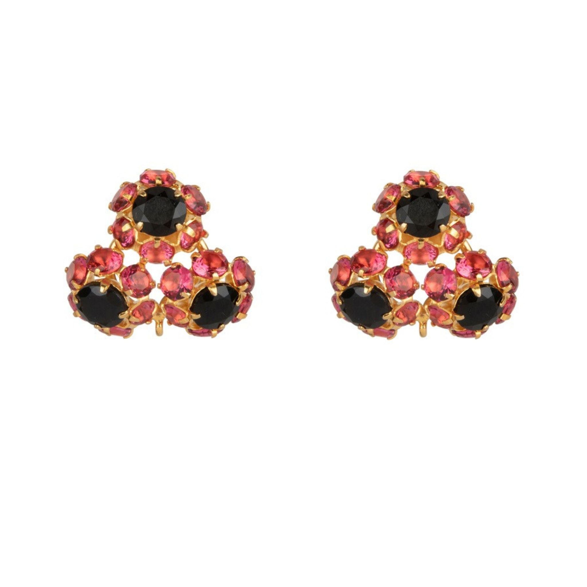 EARRINGS CLUSTER OF THREE METAL FLOWERS SET WITH FUCHSIA CZ AND BLACK ONYX