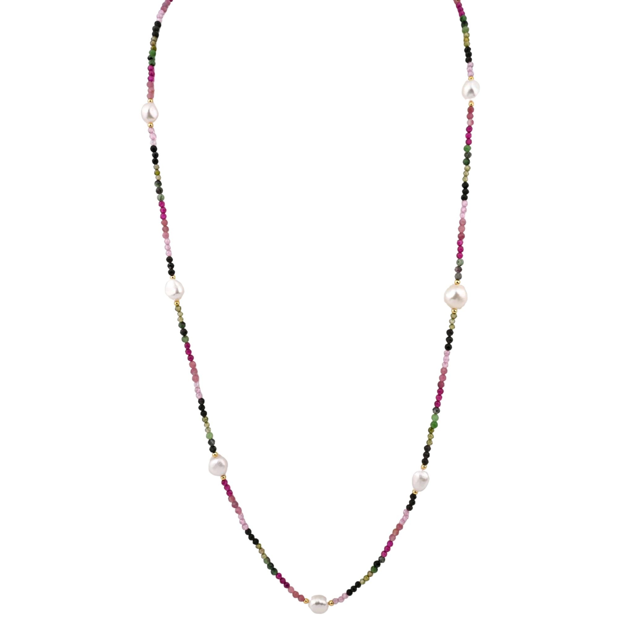 925YG BEANDS WITH STATION PEARL NECKLACE TOURMALINE MULTICOLOR