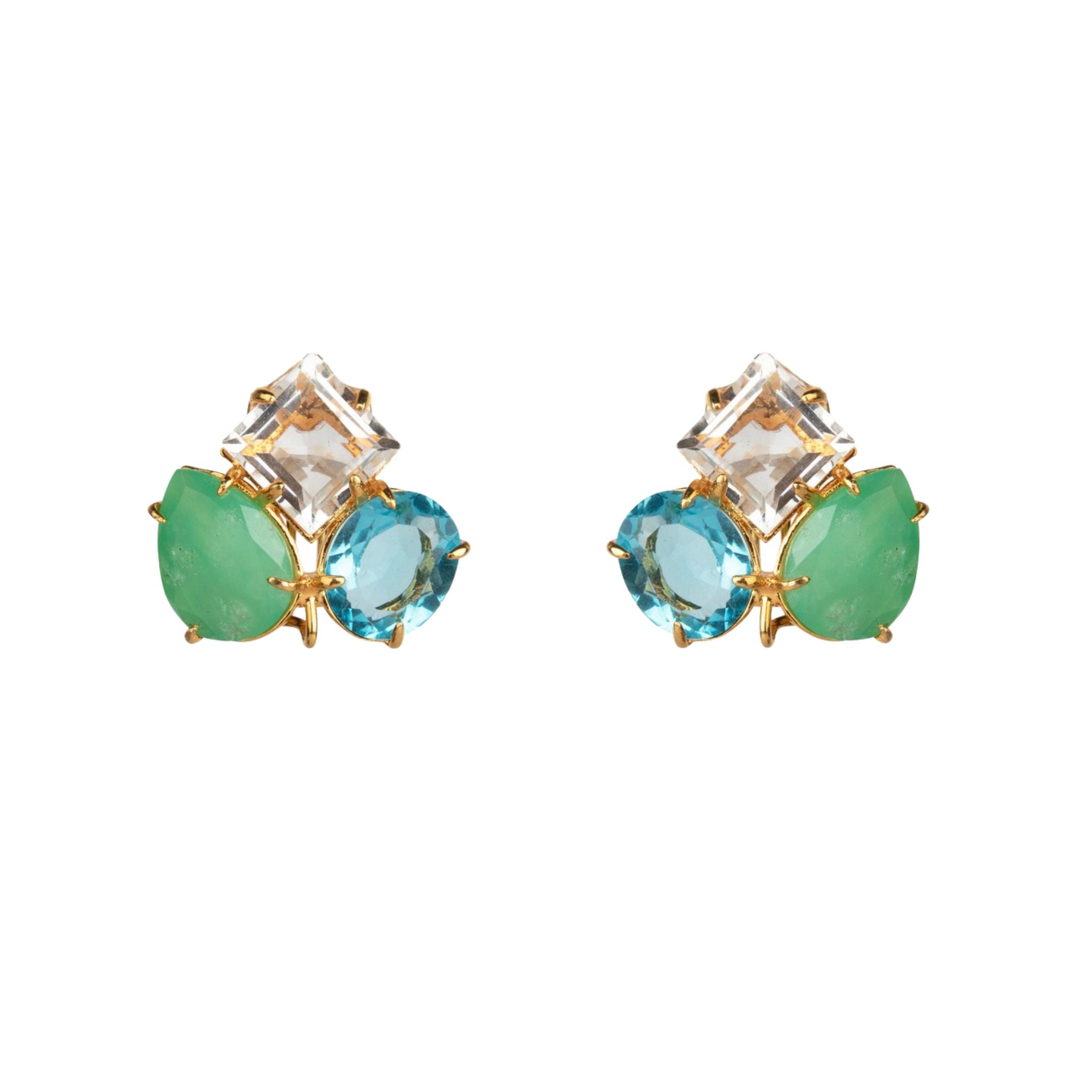 EAR CLIPS SET WITH BLUE CLEAR QUARTZ AND CHRYSOPRASE CASTING