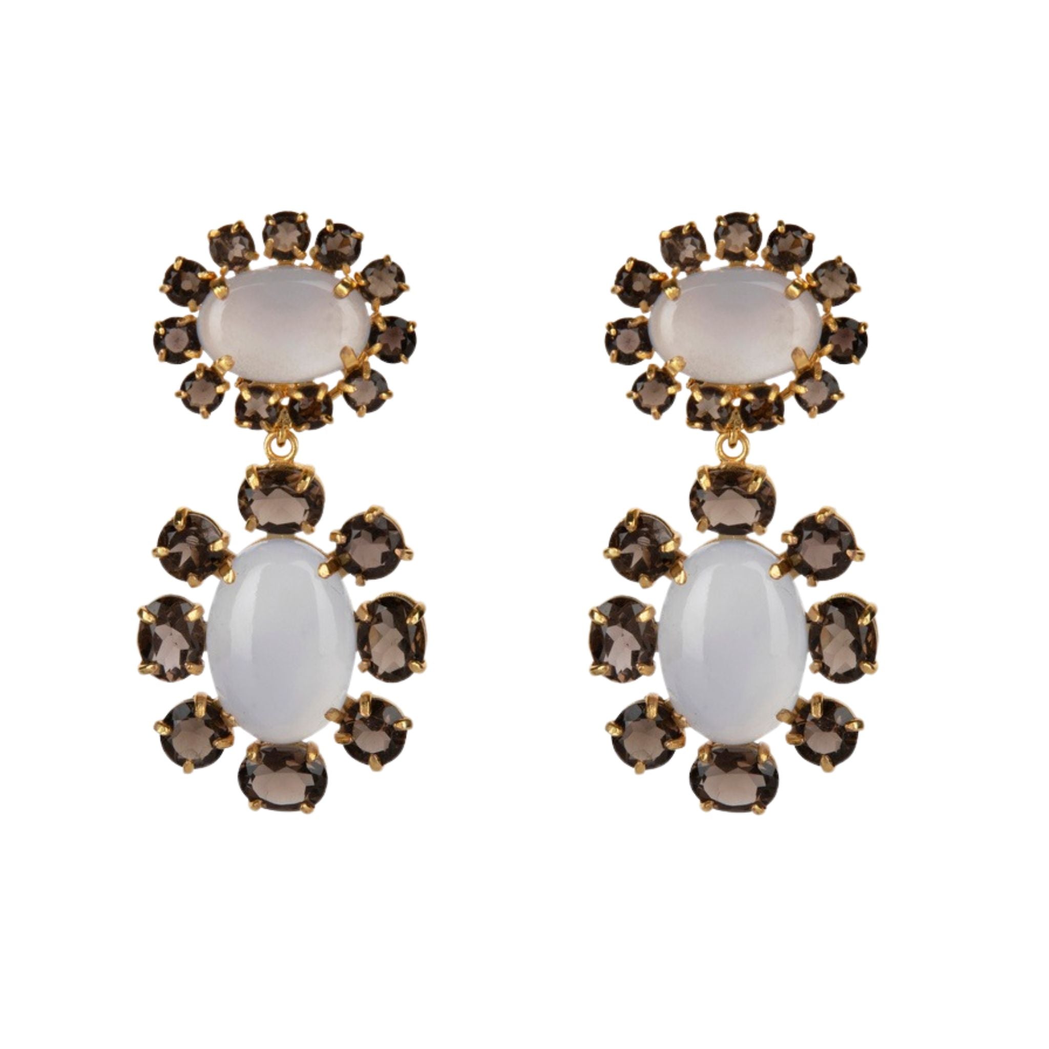 EARRINGS OVAL CHALCEDONY CABOCHON TOP AND DROP SURROUNDED WITH SMOKY QUARTZ OVALS AND ROUNDS