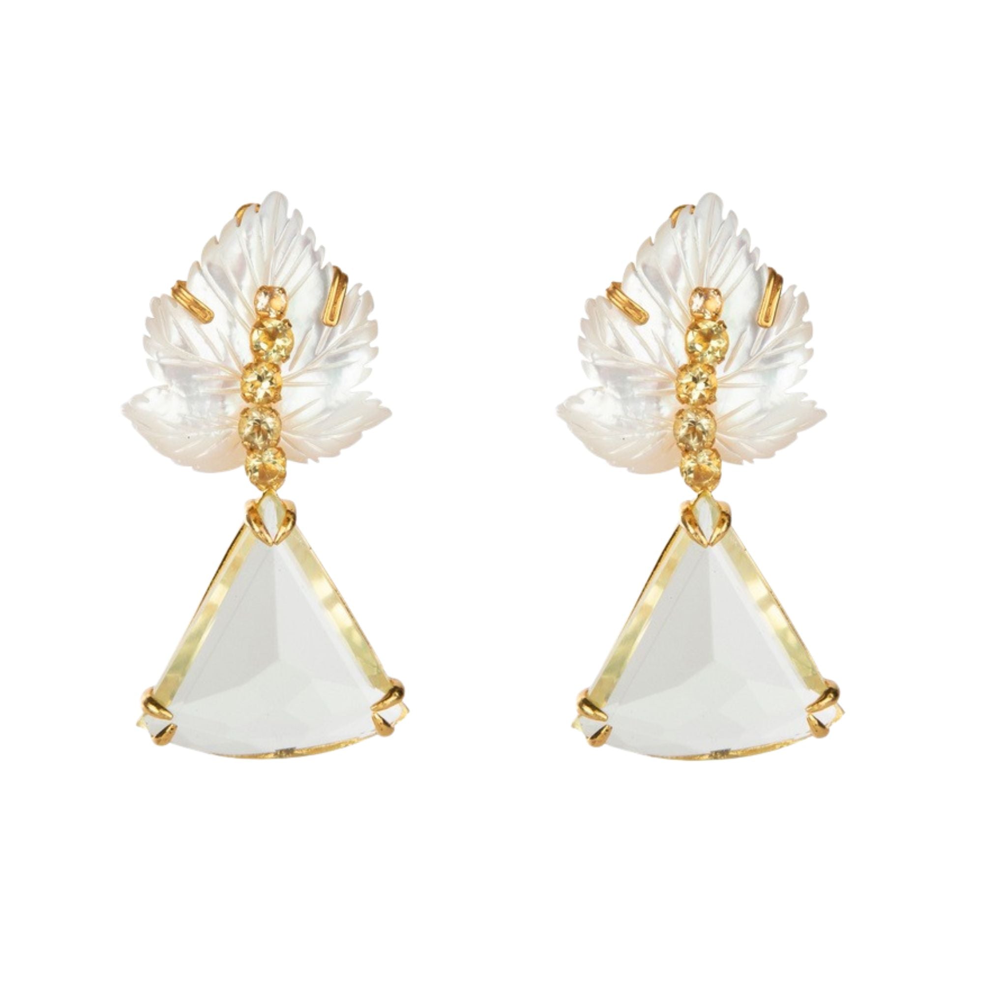 EARRINGS MOTHER OF PEARL LEAF WITH LEMON QUARTZ CENTER AND TRLLION DROP