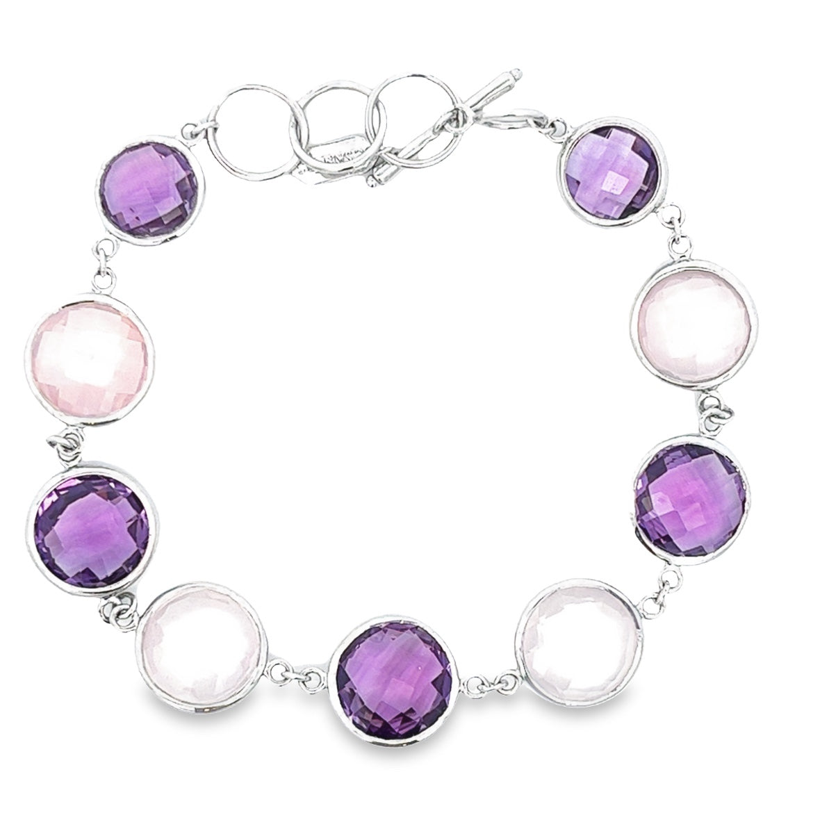 BRAZALETE DE PLATA 925 CON AMATISTA BRASILEÑA Y CUARZO ROSADO
